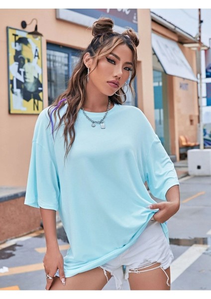 Girl Gang Baskılı Bebek Mavisi Oversize T-Shirt Salaş Boyfirend modelleri