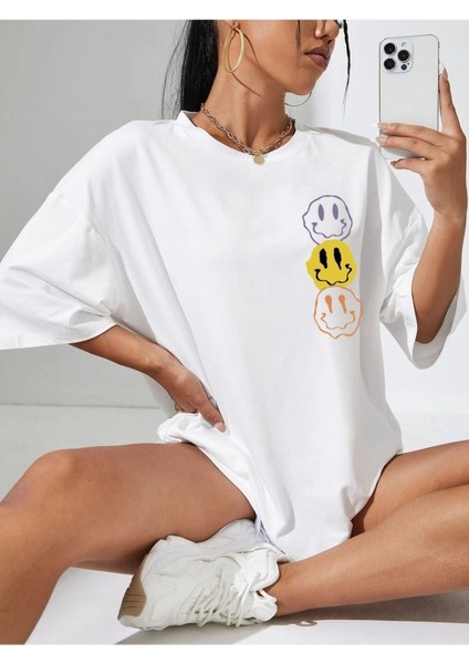 Smile Baskılı Kadın Oversize Salaş T-Shirt Boyfirend