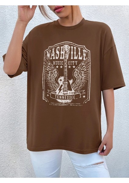 Tennessee Baskılı Kadın Oversize Kahverengi T-Shirt fiyatları