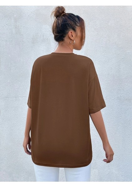 Tennessee Baskılı Kadın Oversize Kahverengi T-Shirt modelleri