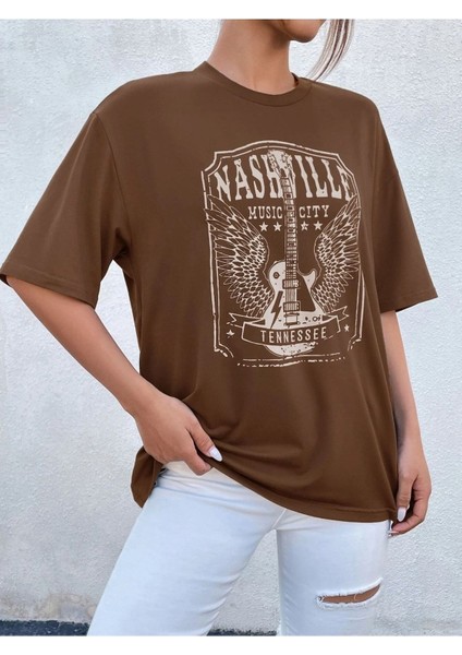 Tennessee Baskılı Kadın Oversize Kahverengi T-Shirt fırsatları