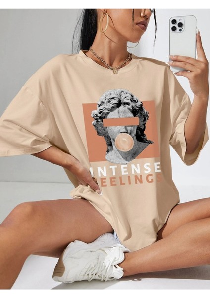Intense Felling Baskılı Kadın Oversize Salas T-Shirt Boyfriend modelleri
