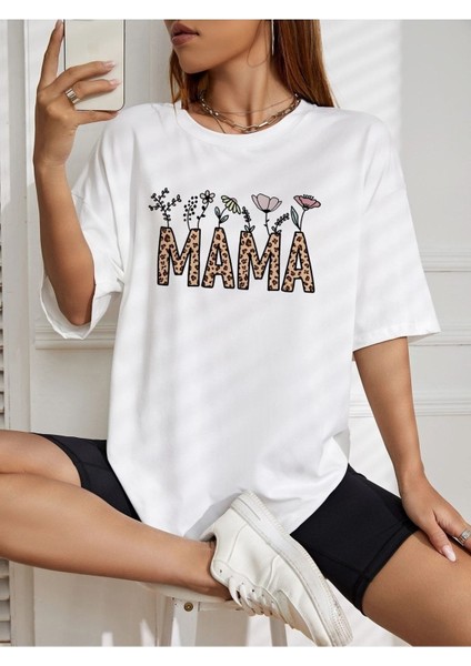Mama & Çiçek Baskılı Beyaz Kadın Oversize Gri Salas T-Shirt Boyfriend