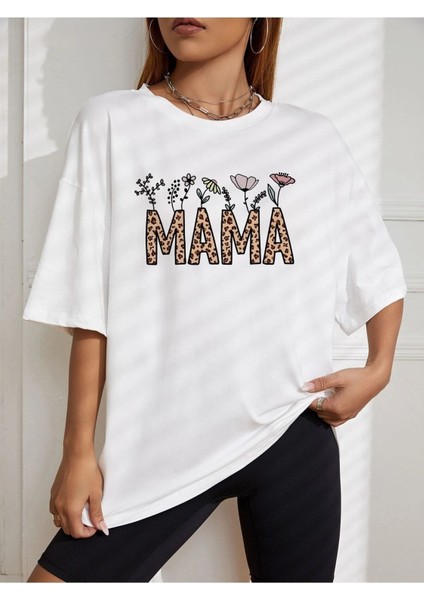 Mama & Çiçek Baskılı Beyaz Kadın Oversize Gri Salas T-Shirt Boyfriend modelleri