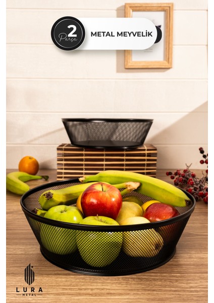 2'li Fileli Siyah Oval Metal Sebzelik ve Meyvelik - 30 cm Şık ve Fonksiyonel Tasarım