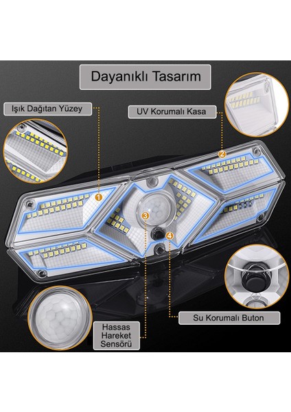 Güneş Enerjili Hareket Sensörlü, 6 Taraflı 104 Led Aydınlatma / GT-SL13-2 Adet