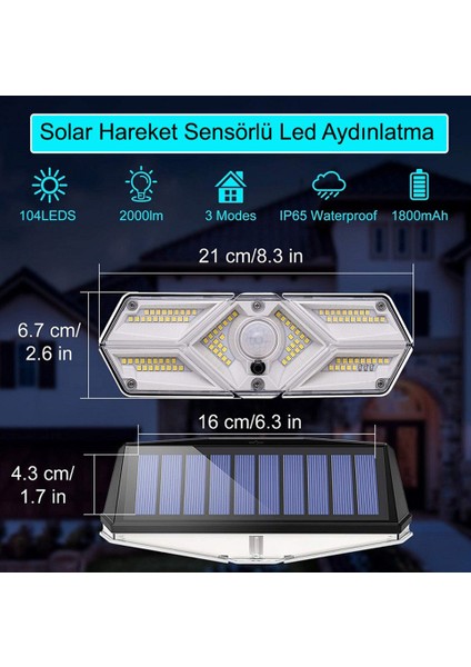 Güneş Enerjili Hareket Sensörlü, 6 Taraflı 104 Led Aydınlatma / GT-SL13-2 Adet