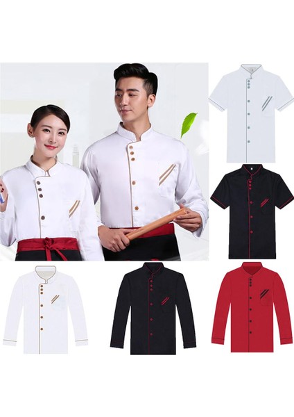 Kırmızı Siyah Kısa Stil Xl Beden Unisex Nefes Alabilir Kısa Uzun Kollu Ayakta Yaka Şef Ceketi Mont Otel Restoran Mutfak Hizmeti Üniforma Iş Giysisi (Yurt Dışından)
