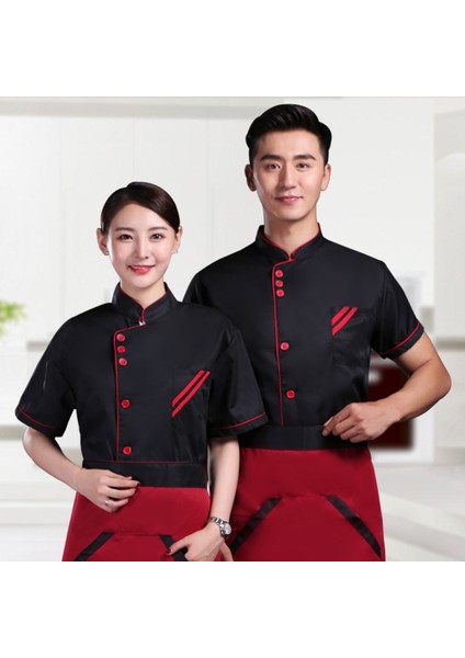 Kırmızı Siyah Kısa Stil Xl Beden Unisex Nefes Alabilir Kısa Uzun Kollu Ayakta Yaka Şef Ceketi Mont Otel Restoran Mutfak Hizmeti Üniforma Iş Giysisi (Yurt Dışından)