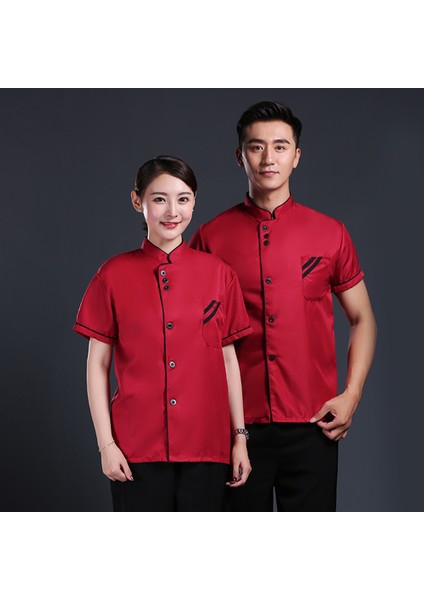 Kırmızı Siyah Kısa Stil Xl Beden Unisex Nefes Alabilir Kısa Uzun Kollu Ayakta Yaka Şef Ceketi Mont Otel Restoran Mutfak Hizmeti Üniforma Iş Giysisi (Yurt Dışından)