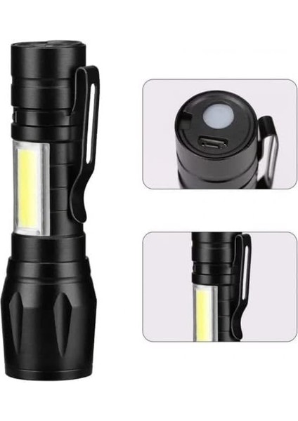Taktikal Fener LED USB Ultra Güçlü Mini Boy Şarjlı El Feneri, Siyah