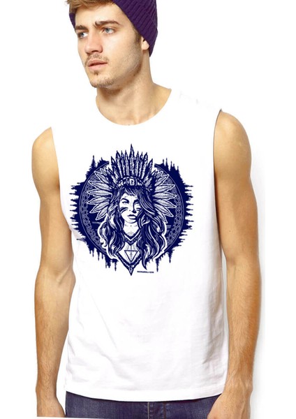 Kızılderili Kız Beyaz Kolsuz Erkek T-Shirt