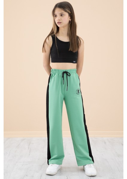 Yeşil Garnili Geniş Paça Kız Çocuk Beli Lastikli Eşofman Altı 20193
