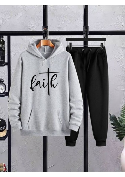 Baskılı Unisex Alt Üst Siyah Eşofman Takımı Oversize Kapüşonlu