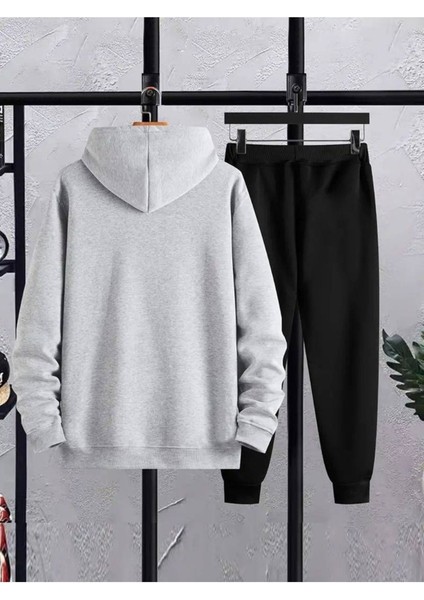 Baskılı Unisex Alt Üst Siyah Eşofman Takımı Oversize Kapüşonlu