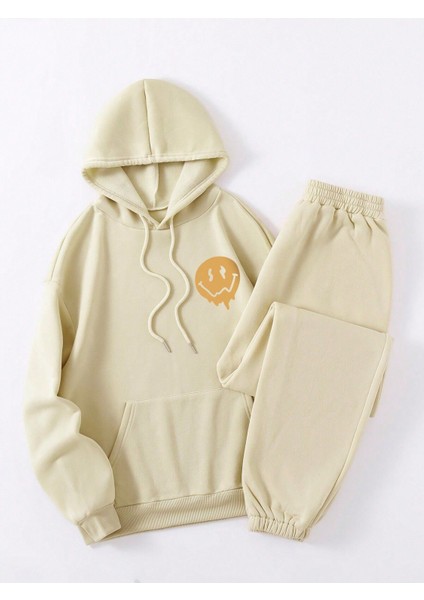 Kadın Make Happy Baskılı Alt Üst Sweatshirt Jogger Eşofman Takımı Oversize Kapüşonlu