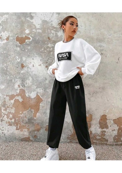 Nasa Baskılı Beyaz Sweatshirt Siyah/saks/kırmızı Alt Üst Eşofman Takımı Oversize Bisiklet Yaka