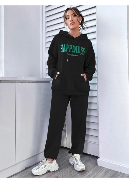 Kadın Gri Happiness Alt Üst Eşofman Takımı Oversize Kapüşonlu