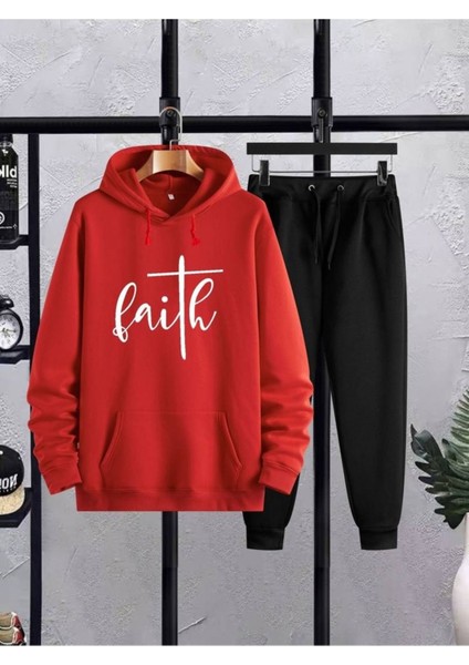 Baskılı Unisex Alt Üst Siyah Eşofman Takımı Oversize Kapüşonlu