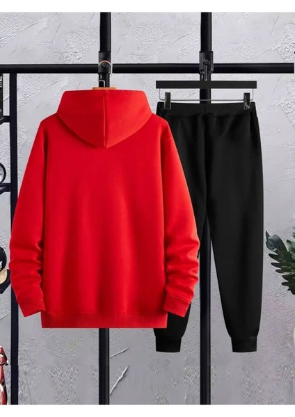 Baskılı Unisex Alt Üst Siyah Eşofman Takımı Oversize Kapüşonlu
