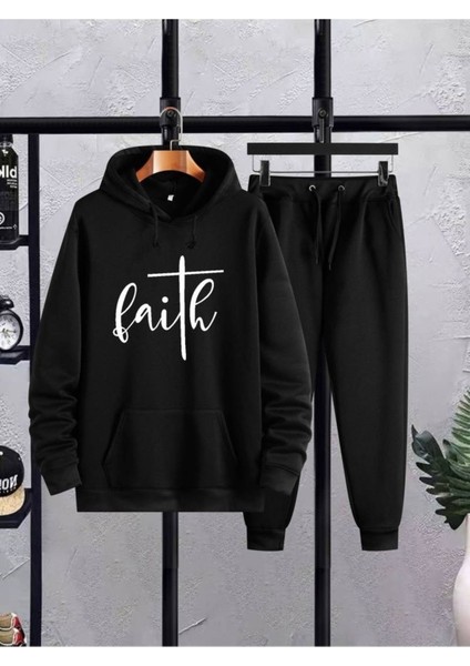 Baskılı Unisex Alt Üst Siyah Eşofman Takımı Oversize Kapüşonlu