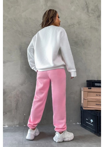 Brooklyn Pembe Jogger Beyaz Sweatshirt Alt Üst Eşofman Takımı Oversize Bisiklet Yaka