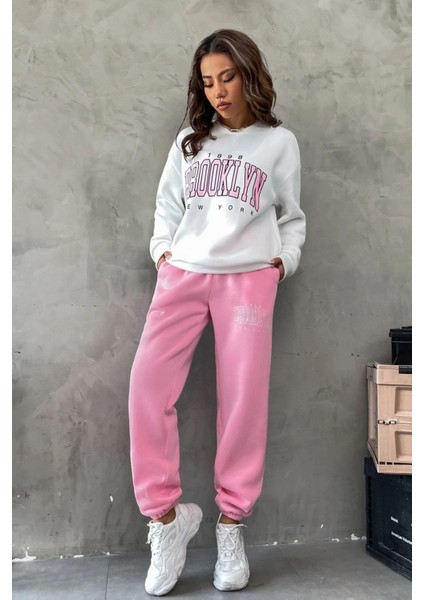 Brooklyn Pembe Jogger Beyaz Sweatshirt Alt Üst Eşofman Takımı Oversize Bisiklet Yaka