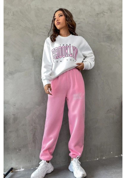 Brooklyn Pembe Jogger Beyaz Sweatshirt Alt Üst Eşofman Takımı Oversize Bisiklet Yaka