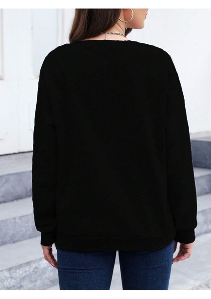 Believe Baskılı Bisiklet Yaka Siyah Kadın Oversize Sweatshirt fiyatları