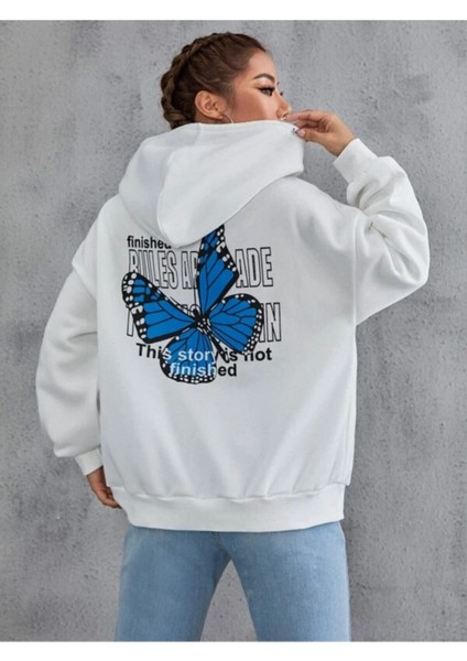 Kadın Beyaz Finished Bules Oversize Kapşonlu Sweatshirt