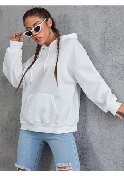 Kadın Beyaz Finished Bules Oversize Kapşonlu Sweatshirt modelleri