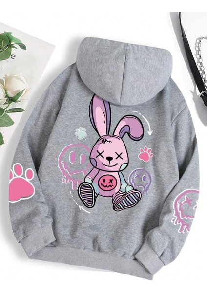 Unisex Gri Kapşonlu Baskılı Oversize Sweatshirt