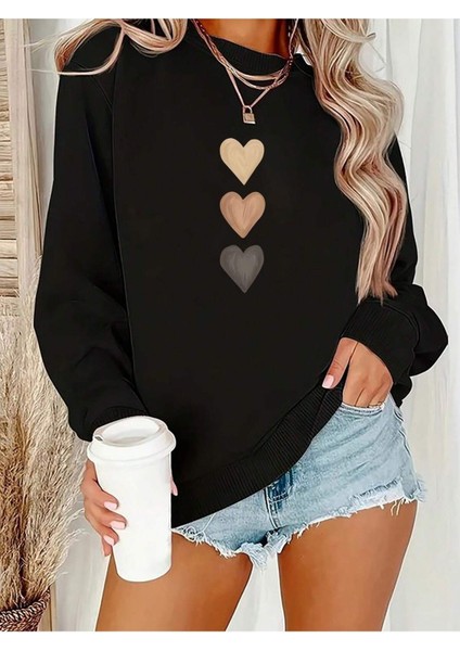 Unisex Kalp Baskılı Sweatshirt Bisiklet Yaka Oversize Sweatshirt indirimleri