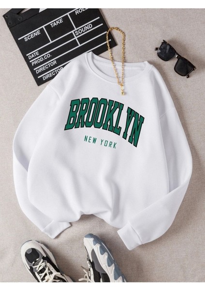 Brooklyn New York Baskılı Bisiklet Yaka Ünisex Oversize Sweatshirt