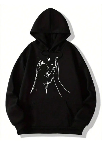 Kedi Dostu El Baskılı Kapüşonlu Oversize Sweatshirt