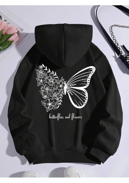 Beyaz Oversize Kırmızı Kelebek Baskılı Kapşonlu Sweatshirt 3iplik