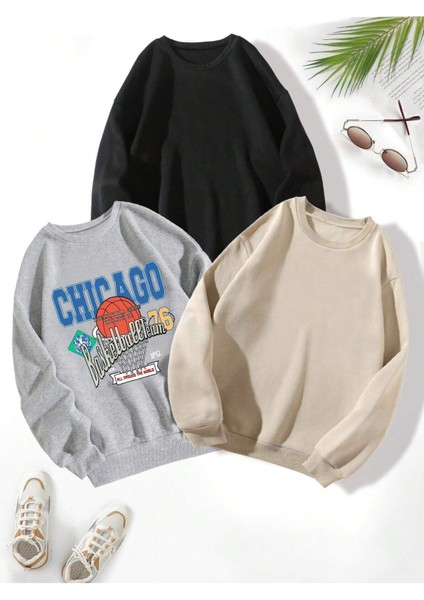 Bisiklet Yaka 3 Renk Baskılı Oversize Sweatshirt