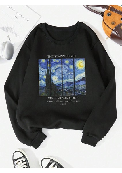 Unisex Yıldızlı Gece Baskılı Oversize Bisiklet Yaka Sweatshirt