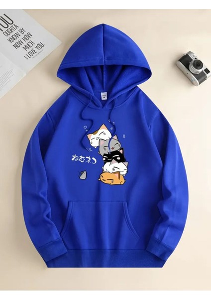 Unisex Anime Kediler Kapşonlu Baskılı Oversize Sweatshirt