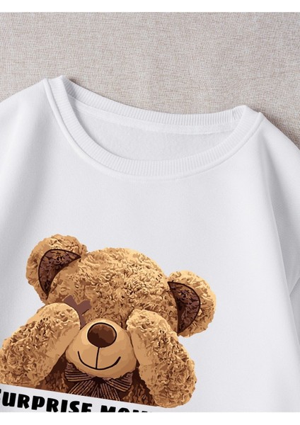 Ayıcık Baskılı Bisiklet Yaka Siyah Oversize Sweatshirt fırsatları