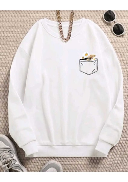 Çiçek Cep Baskılı Bisiklet Yaka Salaş Eşofman Üstü Oversize Sweatshirt