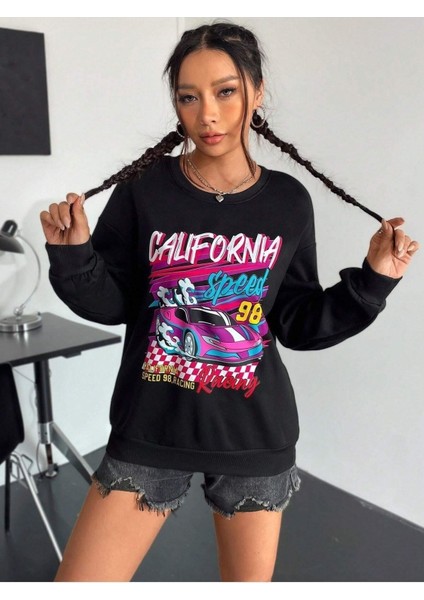 Racing 98 Speed Baskılı Bisiklet Yaka Ünisex Siyah Oversize Sweatshirt