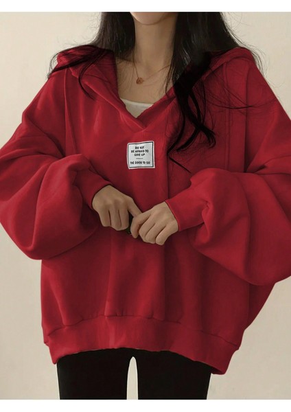 Unisex V-Yaka Kapüşonlu Basic Oversize Swetshirt