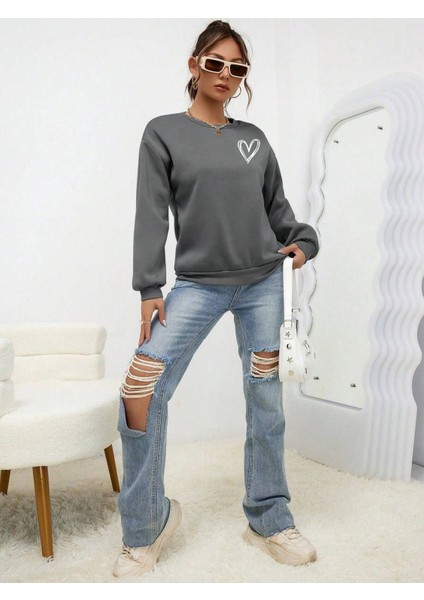 Kalp Baskılı Oversize Sıfır Yaka Sweatshirt
