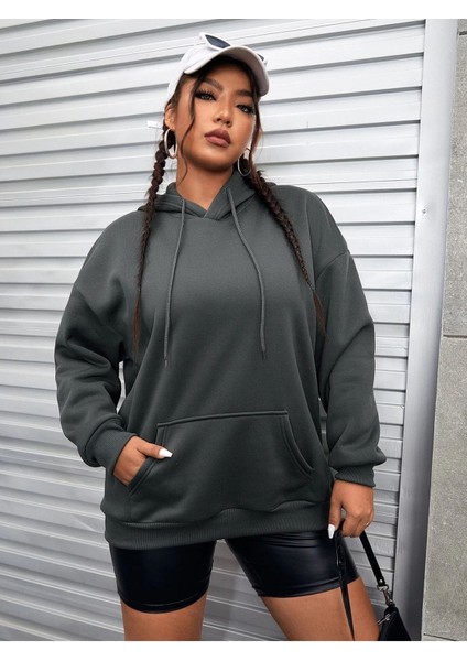 Unisex Change Your Thoughts Baskılı Kapüşonlu Oversize Füme Sweatshirt