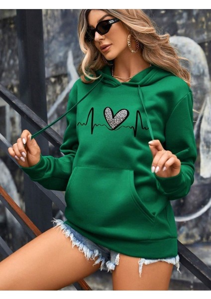 Leopar Kalp Ritmi Baskılı Ünisex Yeşil Kapüşonlu Oversize Sweatshirt