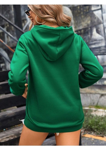Leopar Kalp Ritmi Baskılı Ünisex Yeşil Kapüşonlu Oversize Sweatshirt