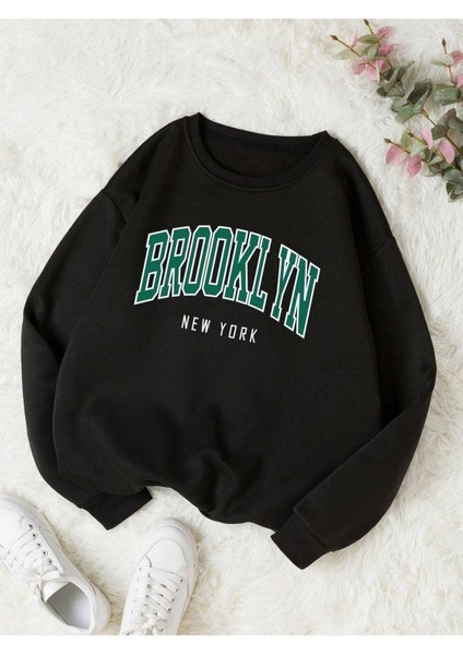 Brooklyn New York Baskılı Bisiklet Yaka Ünisex Oversize Sweatshirt
