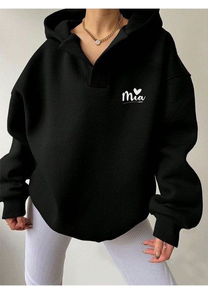 Unisex V-Yaka Kapüşonlu Basic Kol Baskılı Oversize Swetshirt