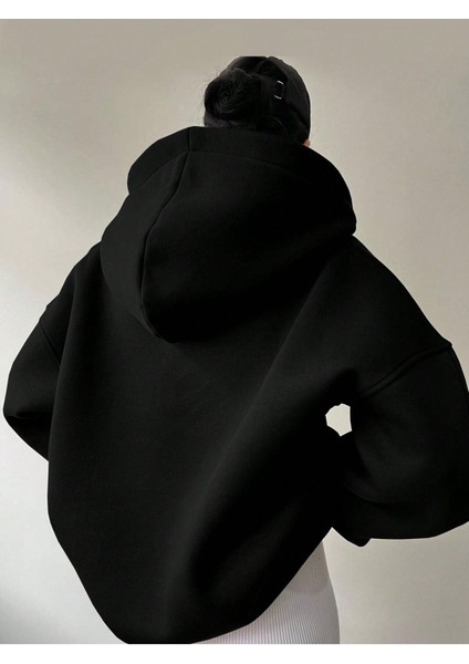 Unisex V-Yaka Kapüşonlu Basic Kol Baskılı Oversize Swetshirt fiyatları